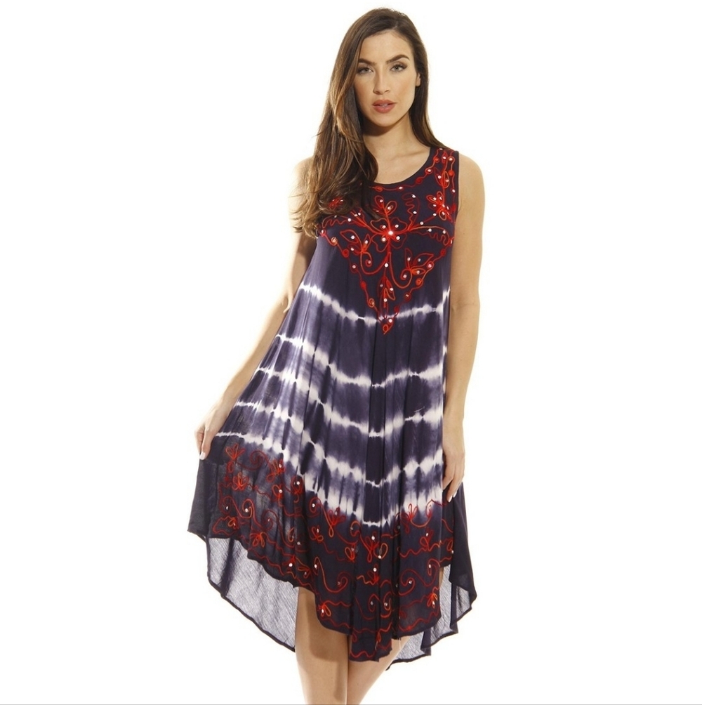 Tie Dye Sequin Embroidered Midi Dress Handkerchief Hem Plus Size 1X Boho Hippie